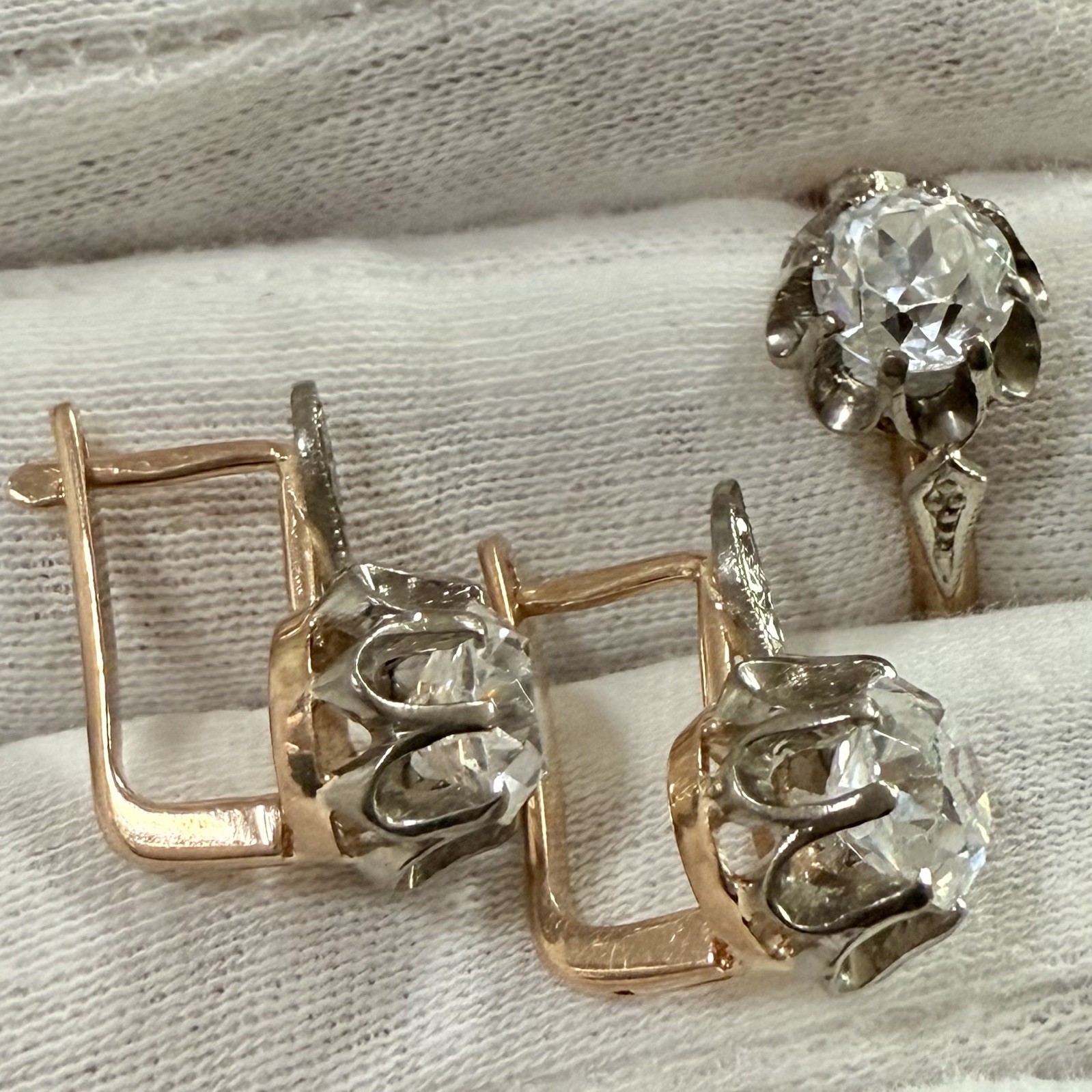 Soviet Rose Gold Rock Earrings & Ring 585 14K 9.90g