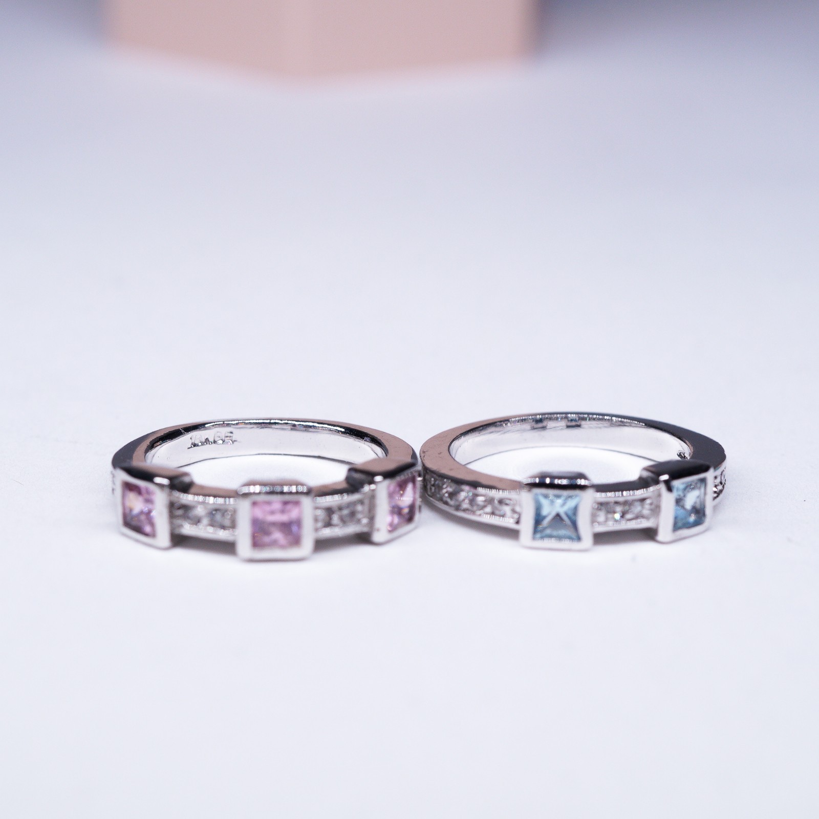 1990’s 18K White Gold-Plated Pink and Blue square stone 2 ring stack
