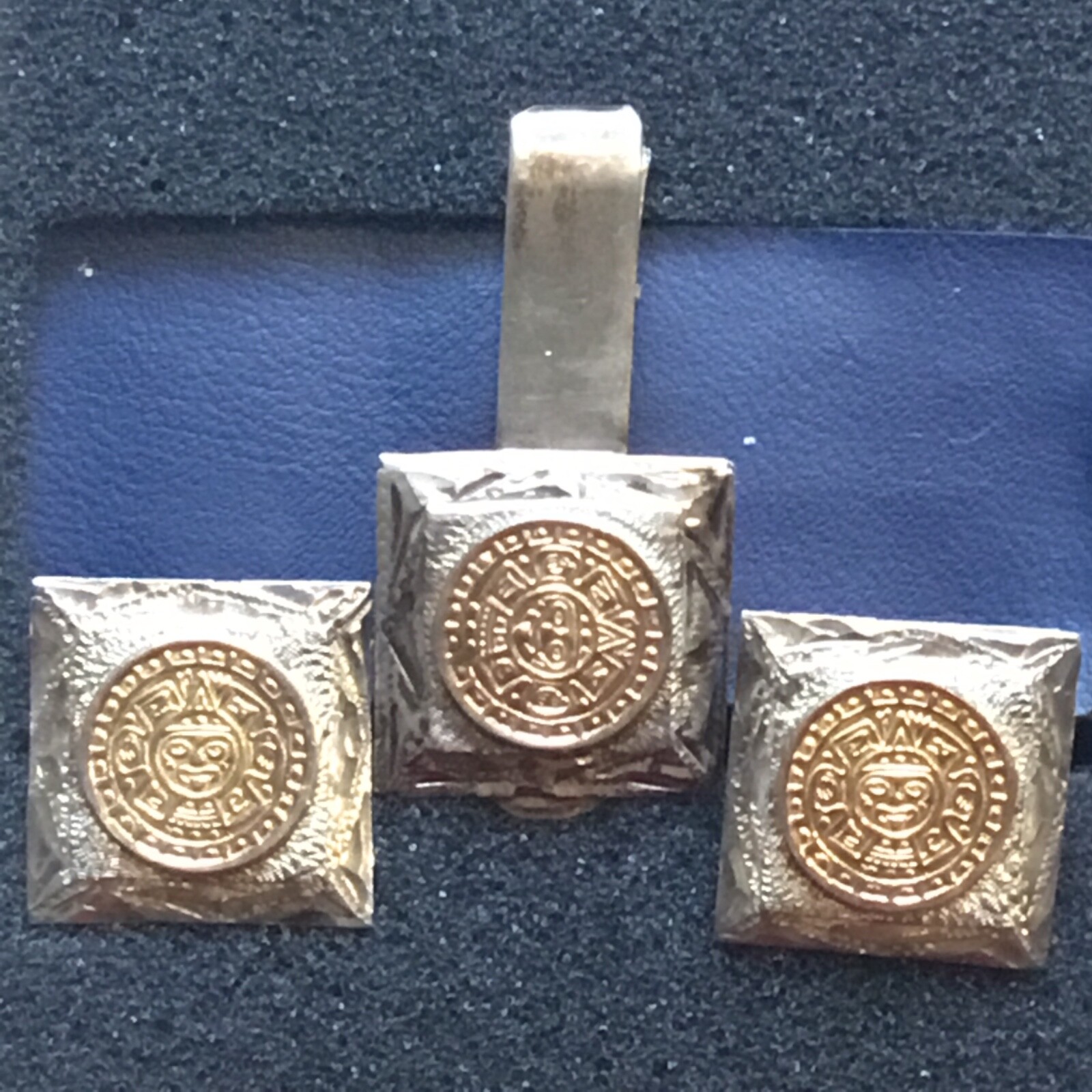 XXX RARE Vintage 925 Sterling SILVER Gold AZTEC Cuff Links Tie Clip hallmark SET