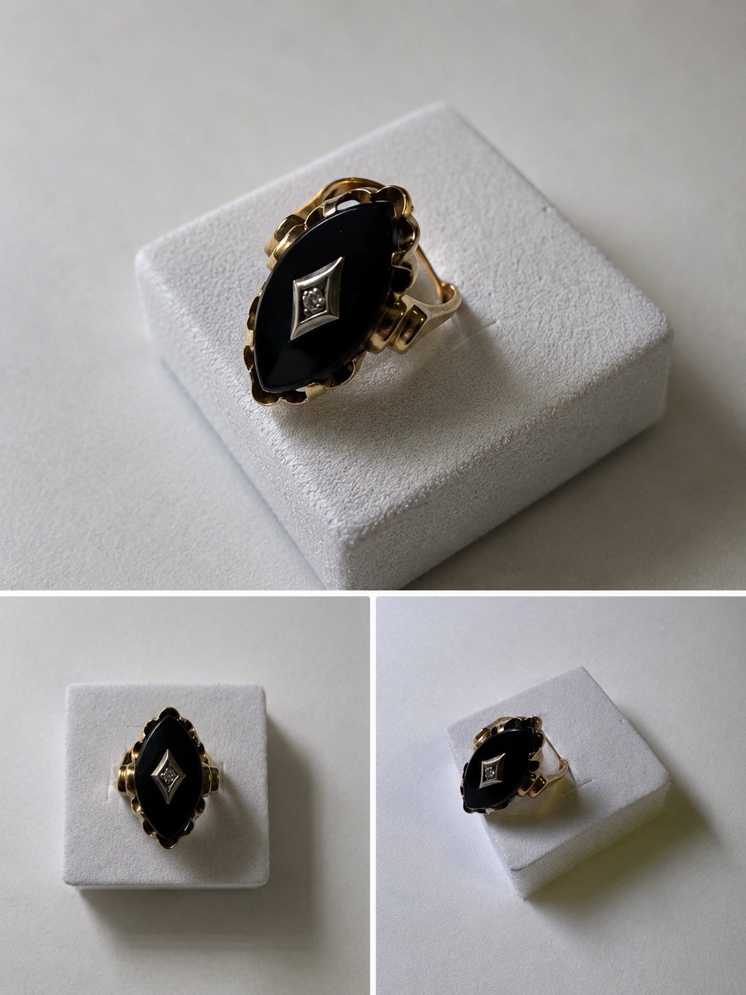 Vintage 10K Gold Black Onyx Diamond Ring Marquise Gothic Statement Estate 1940s