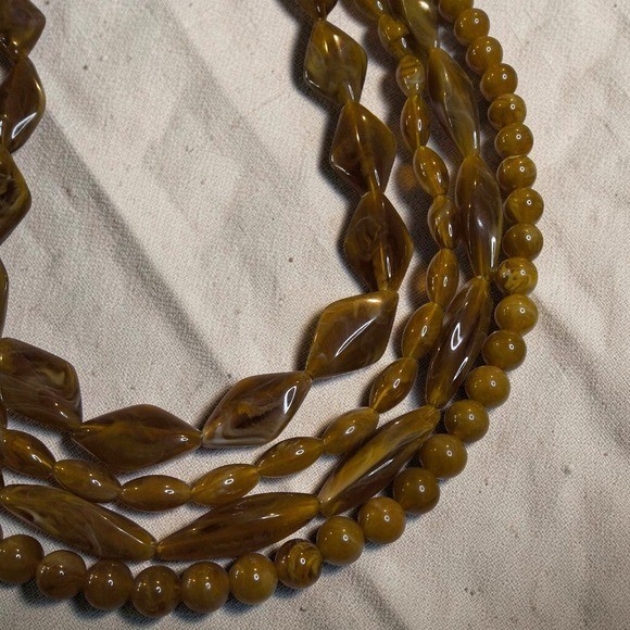 Vintage Style 4 Strand Marbled Honey Lucite Resin Statement Necklace