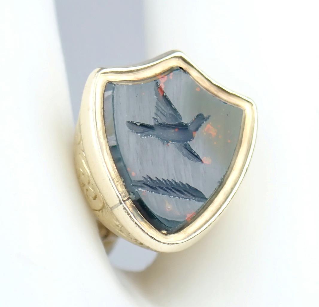 Fab Antique Georgian 9K Gold Bloodstone Floral Bird Pigeon Intaglio Seal Pendant