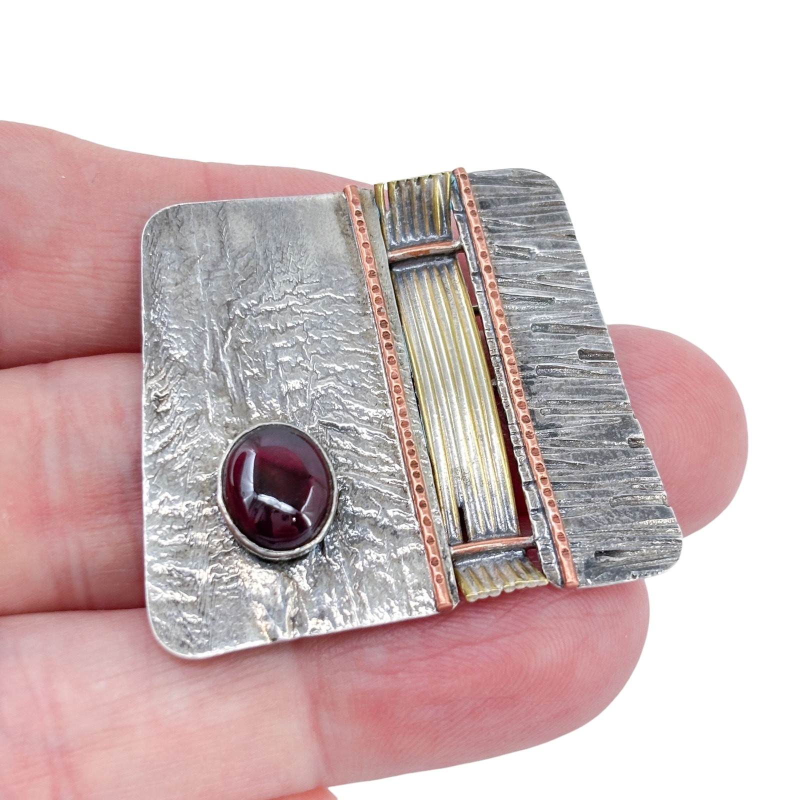 Artisan Sterling Silver 925 Mid Century Modern Mixed Metal Garnet Pin Brooch