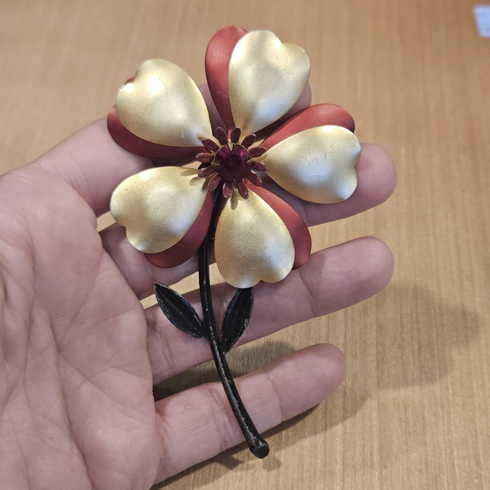 Vintage Enamel Copper Flower Power Brooch Pin Red Heart Rhinestone