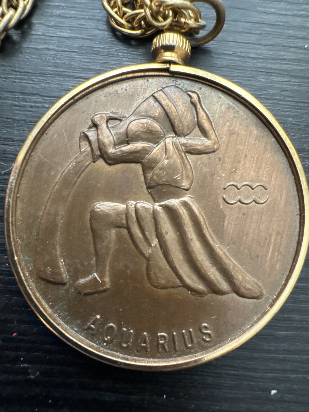 Vintage Aquarius Pendant and Chain 1960s Zodiac Bronze Tone