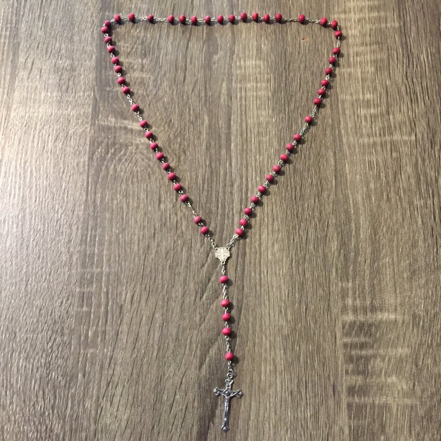 Vintage Religious Rosary Necklace Silver Tone Metal Red Acrylic Long Devotional