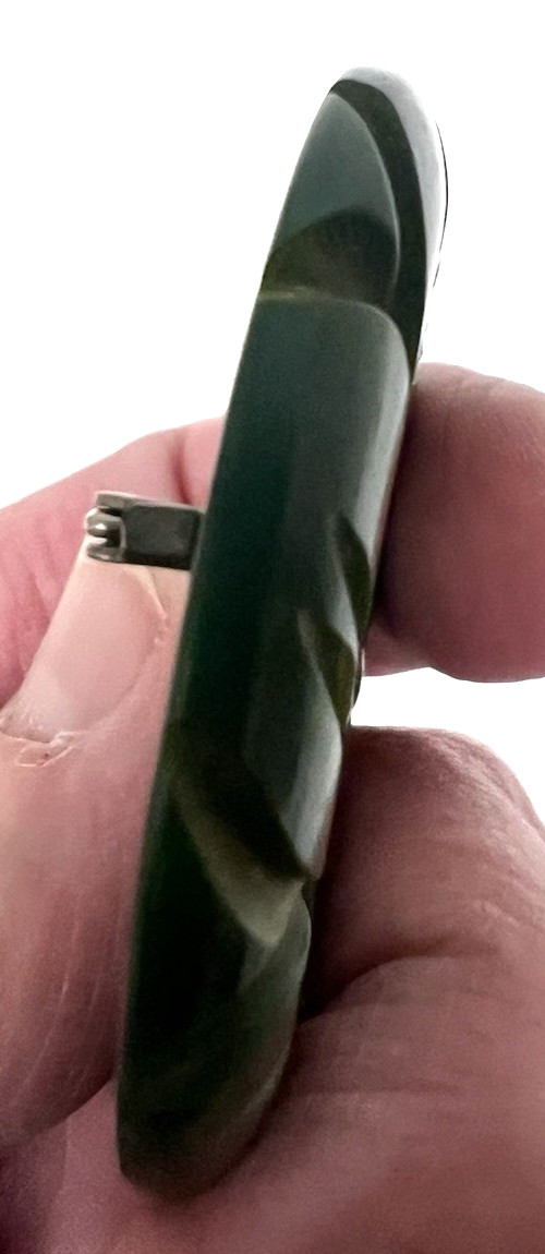 Vintage Dark Green Bakelite Carved Round Circle Brooch Pin 2.5” Great Shape