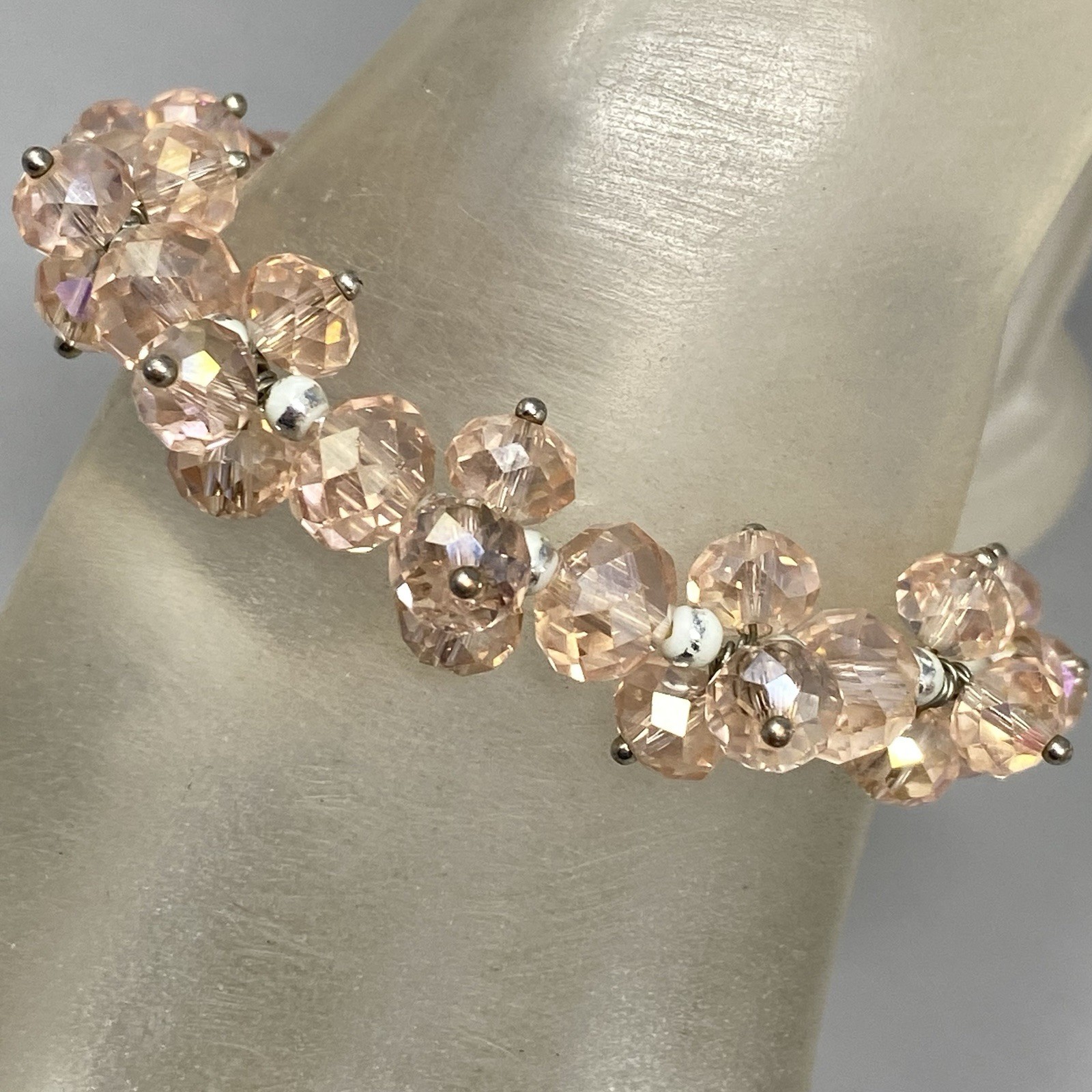 VTG Pink Glass Bead Cluster Bracelet Stretch Fire Polished AB Coated Retro 6.5″