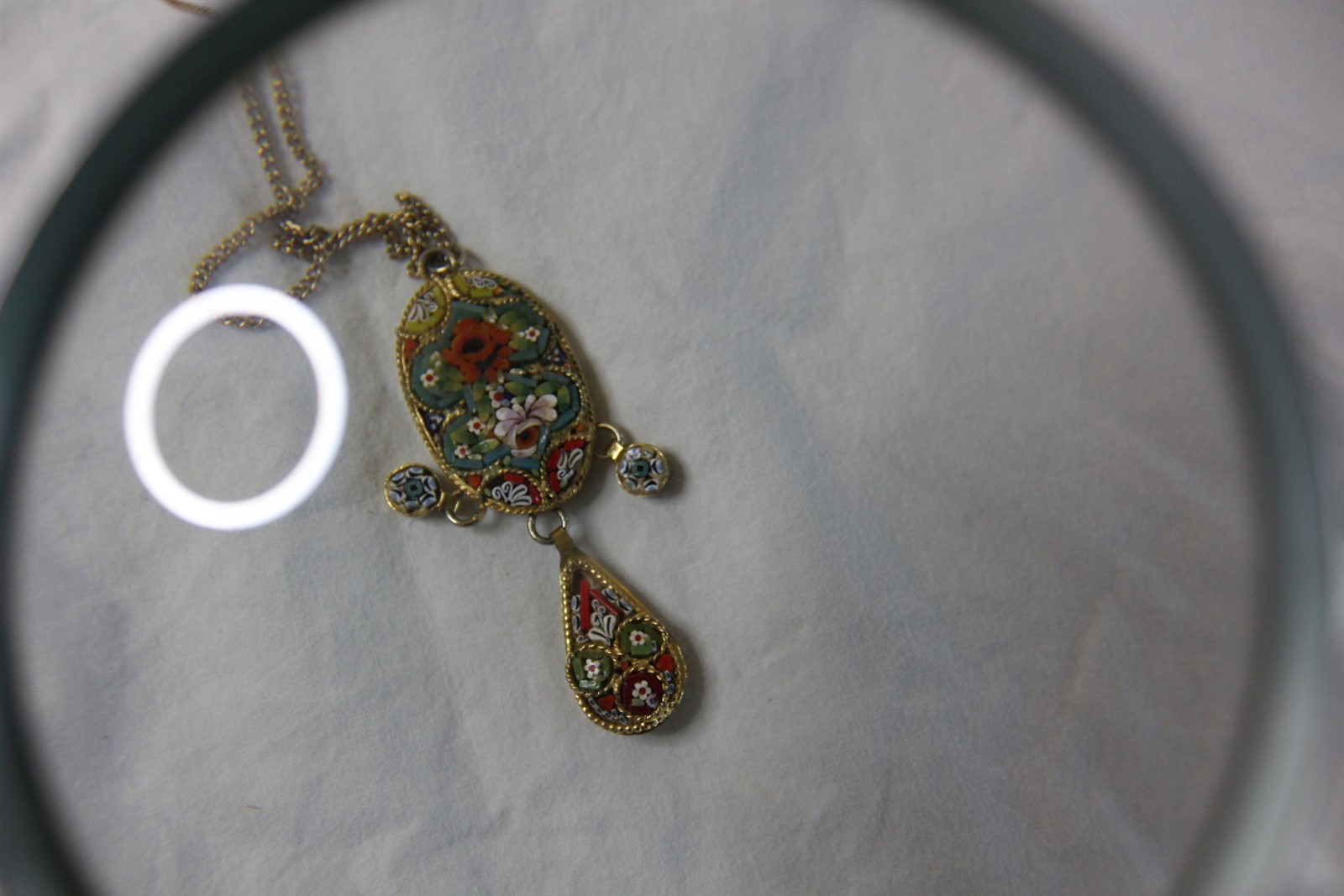 Pendant Necklace Stamped Italy Intricate Multi-Color Stone Shell Inlay Vintage