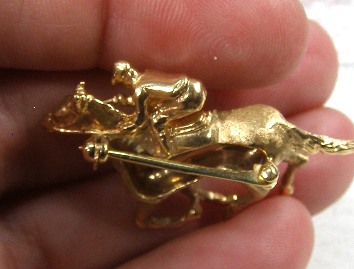 14K Yellow Gold Jockey on Running Horse Brooch Pin Equestrian Jewelry