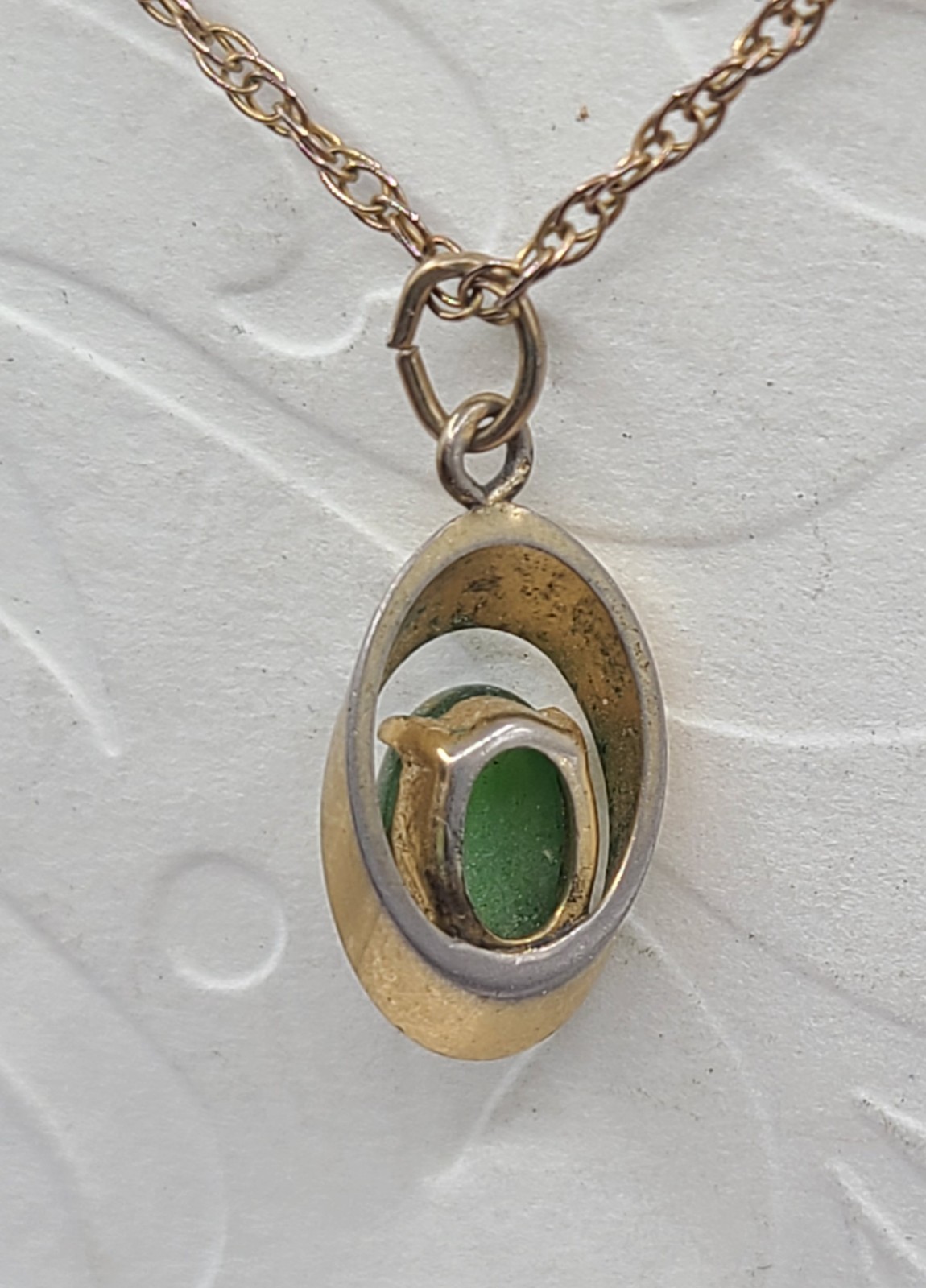 Vintage Gold Plated Jade Oval 3/4″ Charm 18″ Necklace Clasp Marked 925