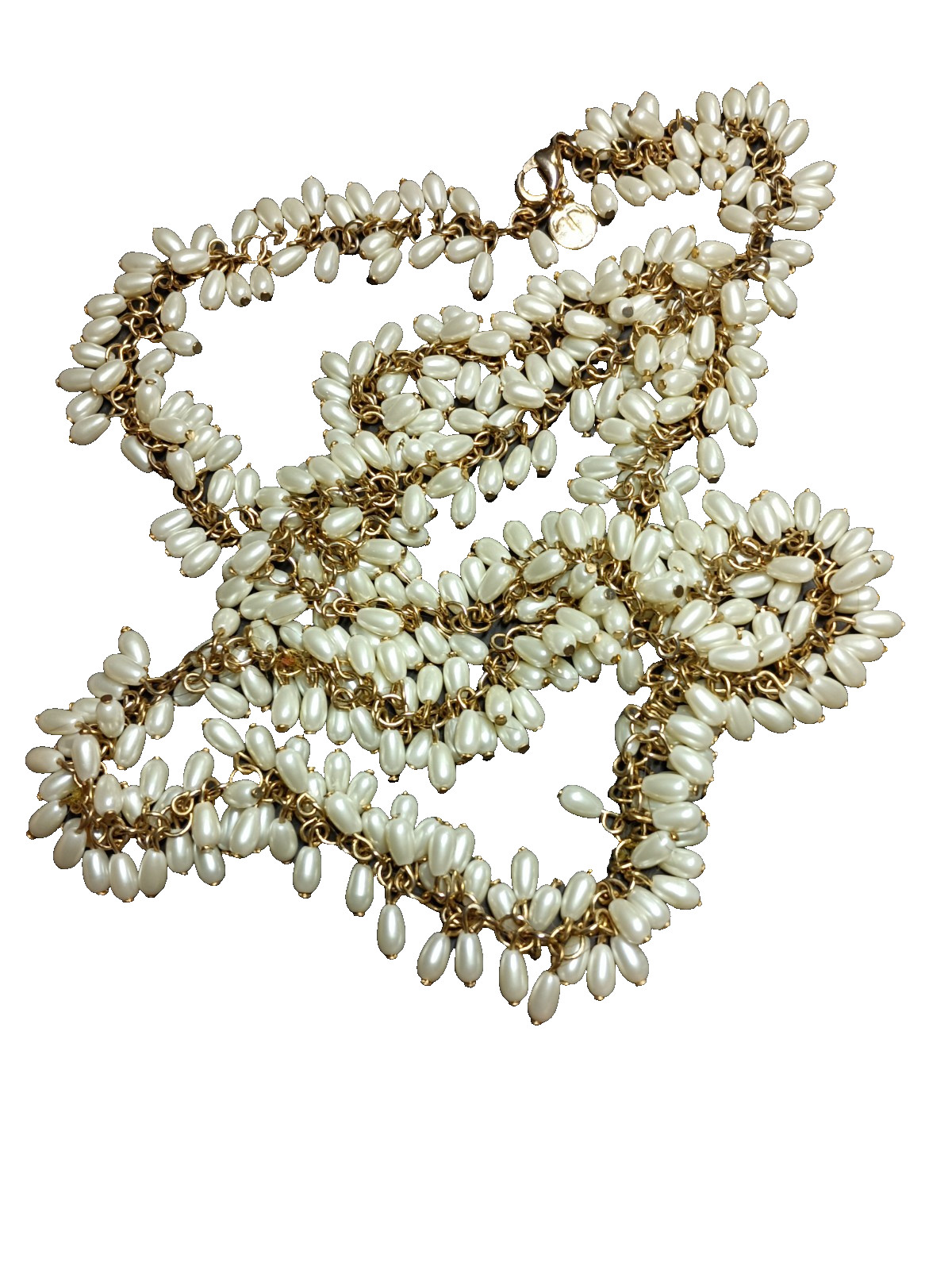 Talbots Vintage Long Faux Rice Pearl Cluster Statement Necklace Gold Tone 36″