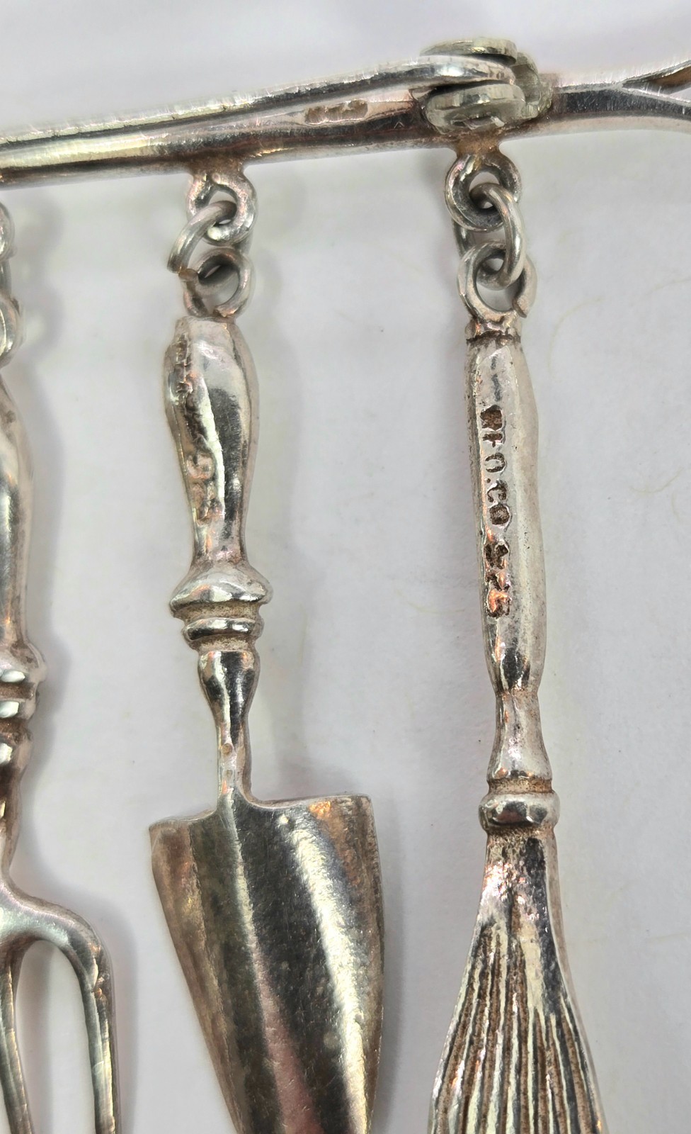 Vtg Sterling Gardening Brooch Pin Spade Trowel Fork Dangle Charm 925 Silver MEOW