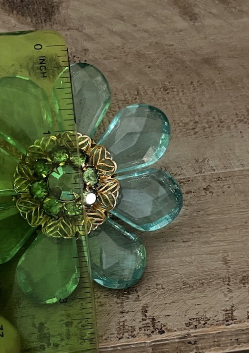 Vintage Mid Century Jumbo Lucite AB Blue Green Aqua Crystal Flower 3” Brooch