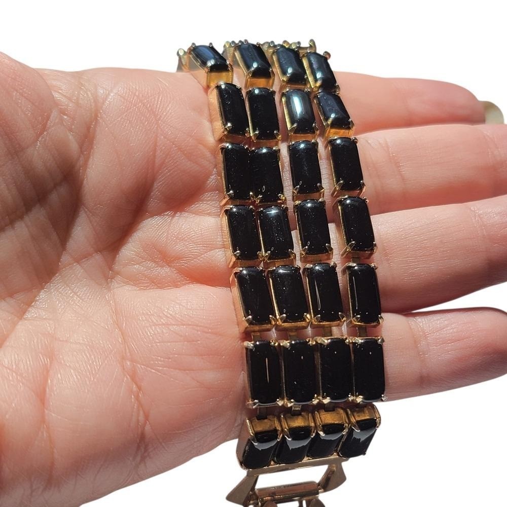 Vintage Black Glass Panel Bracelet Gold Tone Retro Mid Century Costume Jewelry