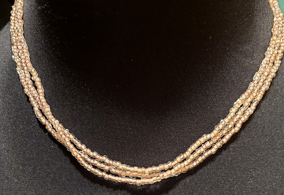 VINTAGE STUNNING 3 STRAND BABY PINK GLASS NECKLACE