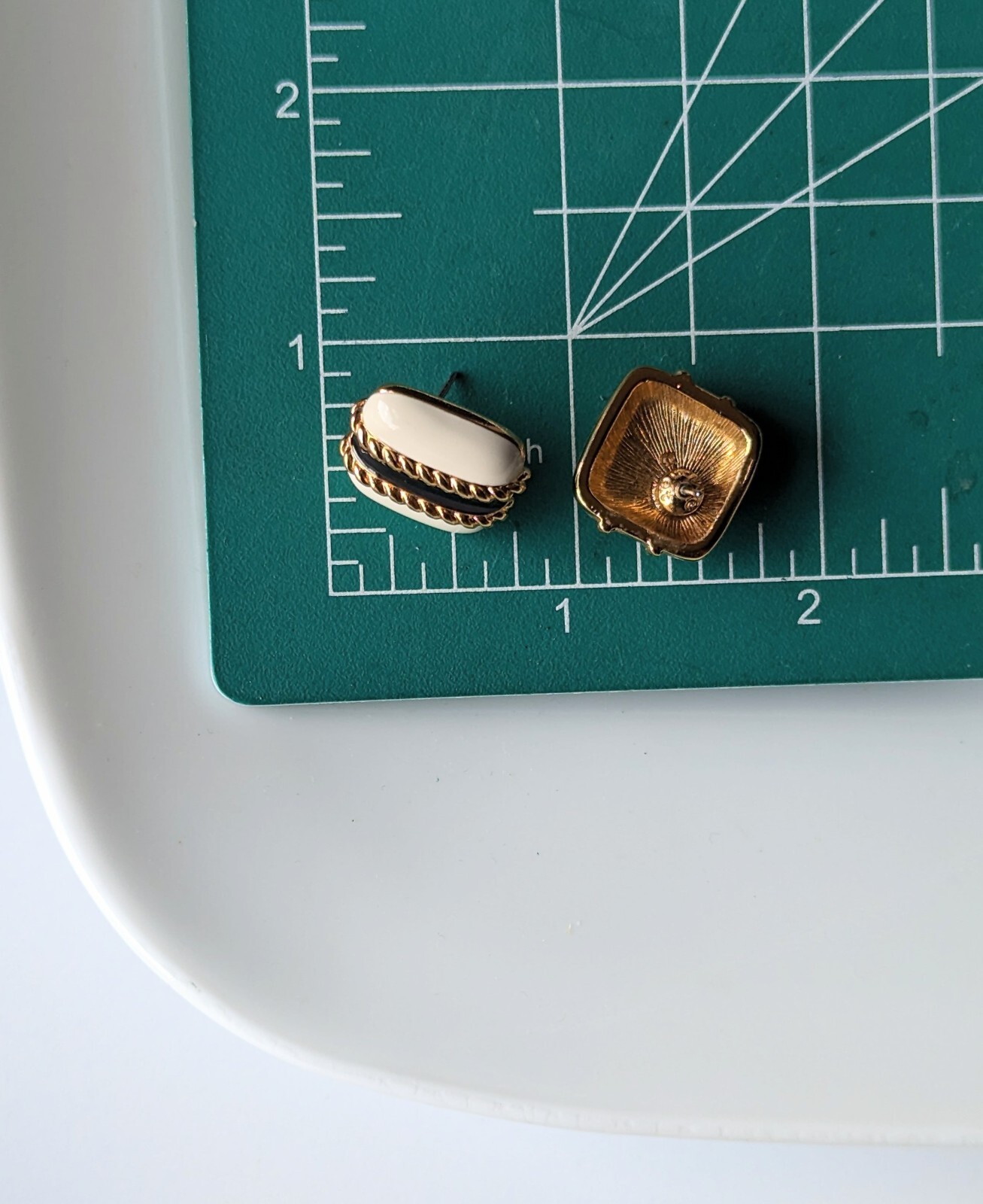 Vintage MONET White Black Enamel Gold Tone Braid Square Cushion Pierced Earrings