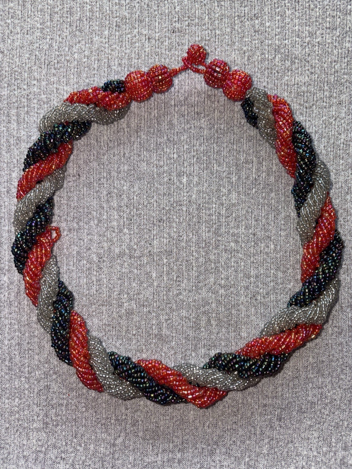 Vintage red, iridescent & clear microbeaded thick chunky braided necklace
