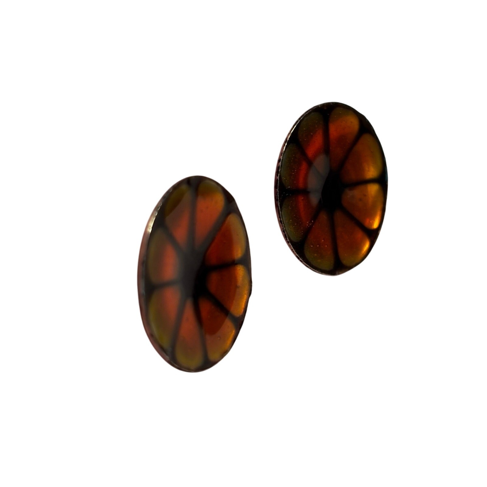 Vintage screwback earrings enamel finish on silvertone unique Boho orange black
