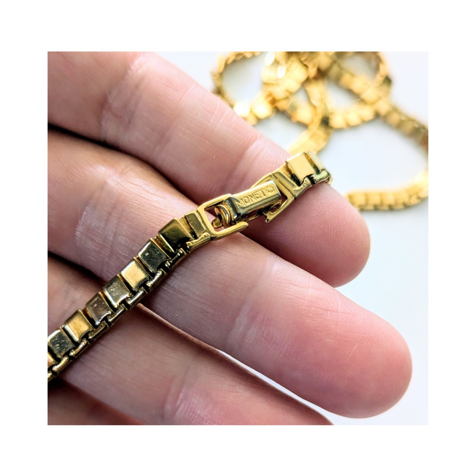 70s Vintage MONET Necklace Gold Plated Flat Square Articulated Link Chain 24″