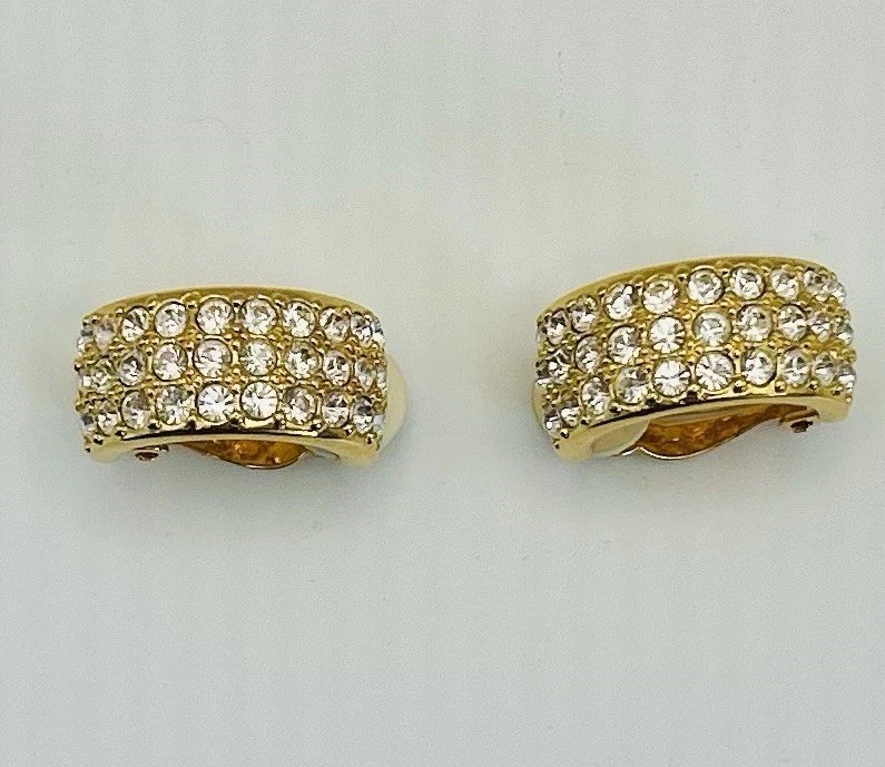 Swarovski Vintage Statement Earrings Clip Gold Plated Large Pave Crystals