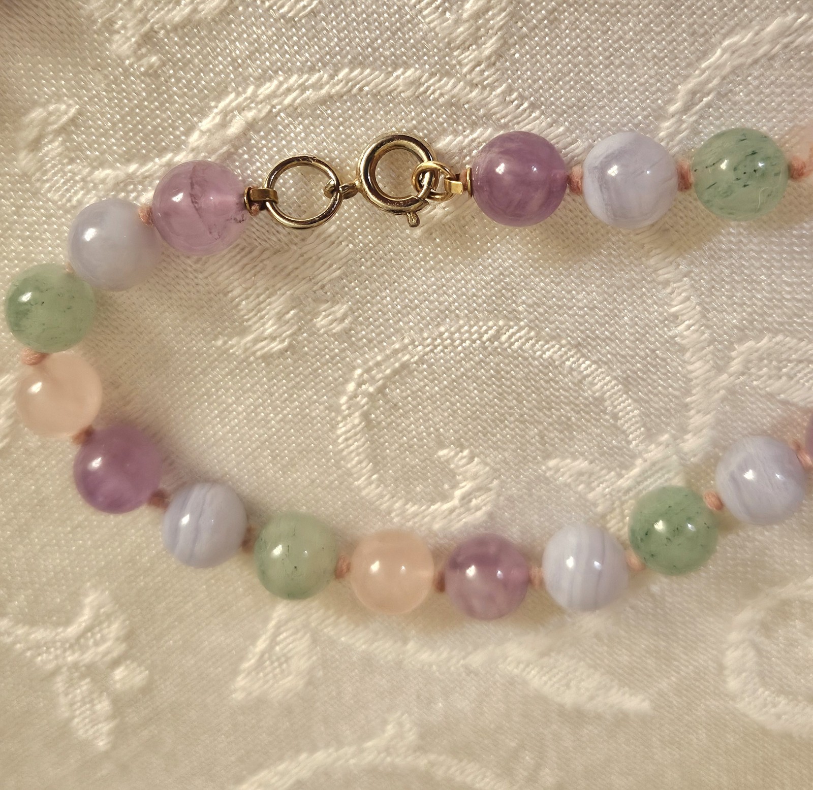 Vtg Multi Color Pastel Round Beaded Necklace Bracelet Set Jade Agate Quartz