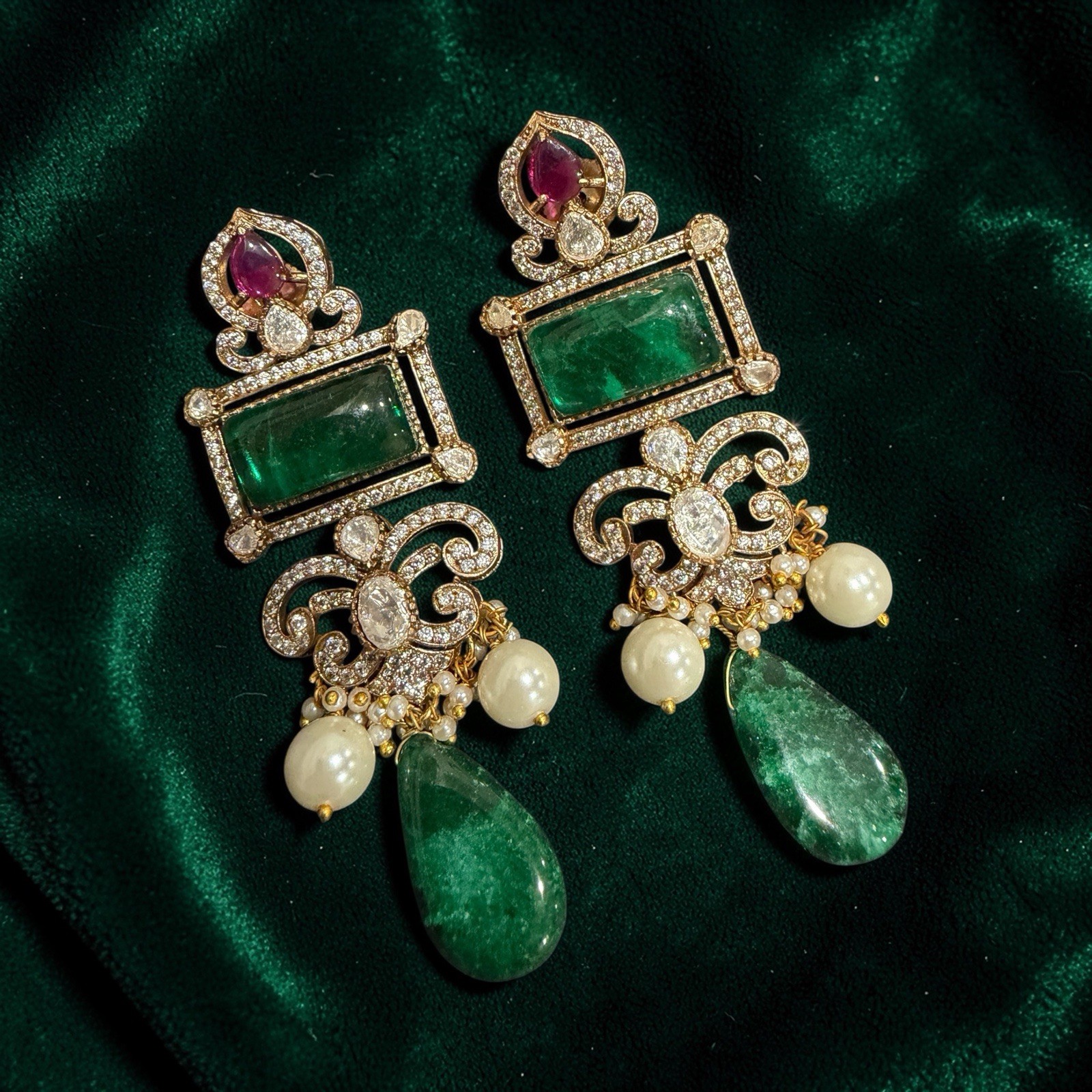 Vintage Emerald-Green/Crystal Rhinestone Pierced Earrings