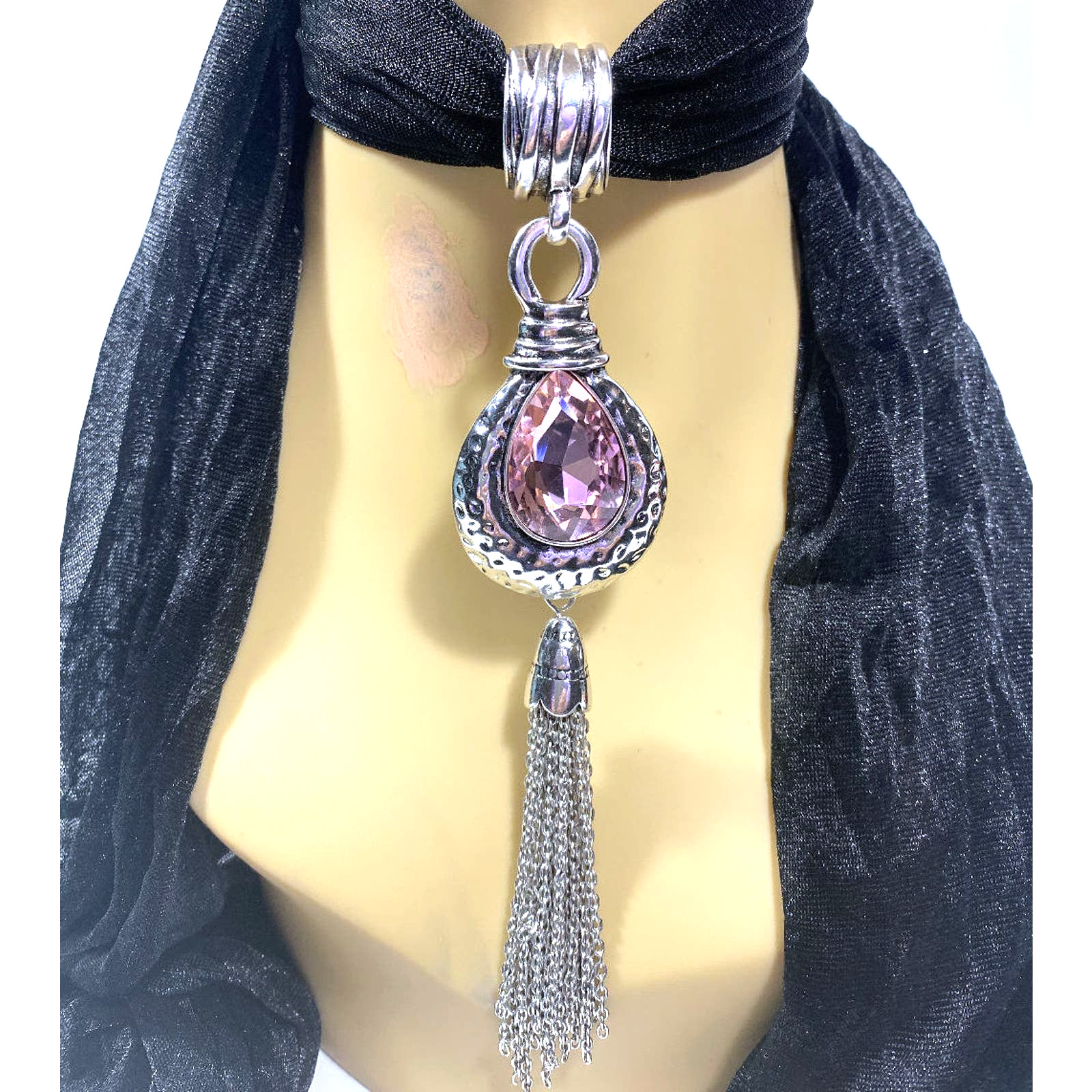 Set of 2 Large 6″ Turquoise Pink Rhinestone Scarf Slider Necklace Pendants