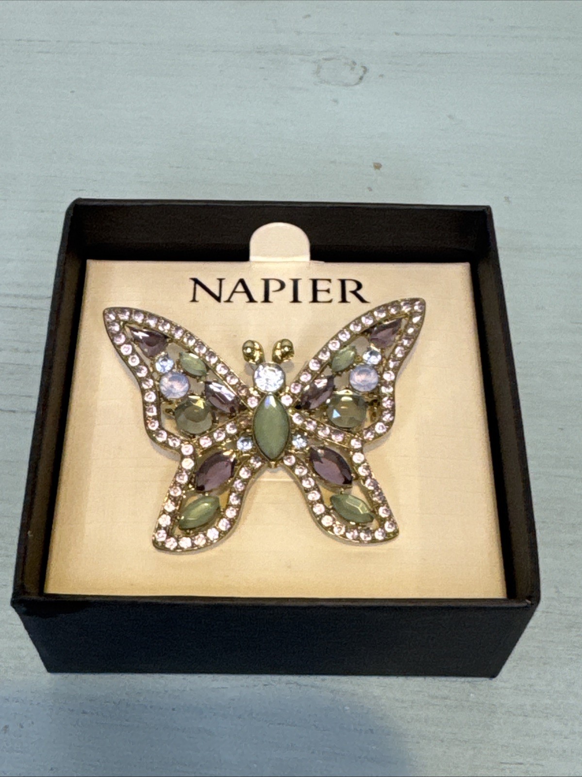 Napier Silver Tone Purple Blue Green Rhinestone BUTTERFLY Brooch Pin, Box No Lid