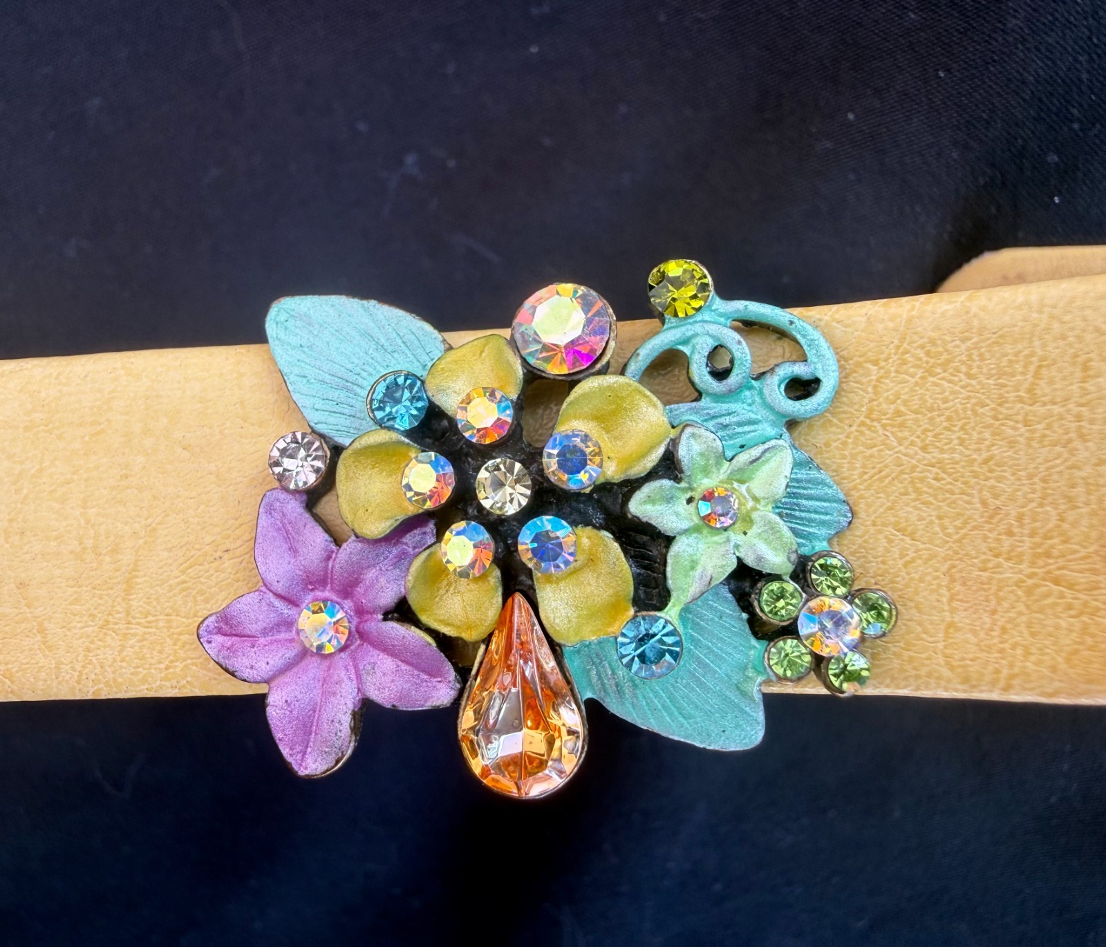 Vintage Yellow Leather Snap Cuff Band with enamel and rhinestone floral cluster