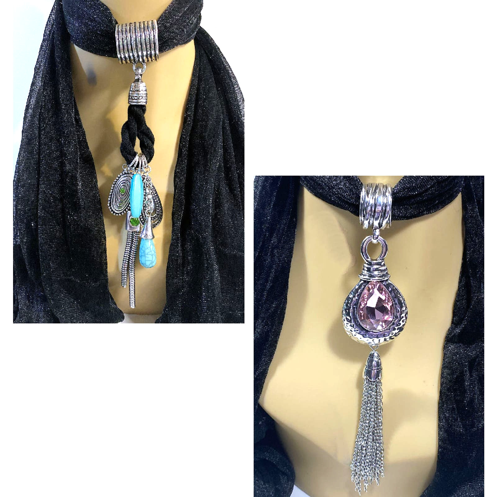 Set of 2 Large 6″ Turquoise Pink Rhinestone Scarf Slider Necklace Pendants