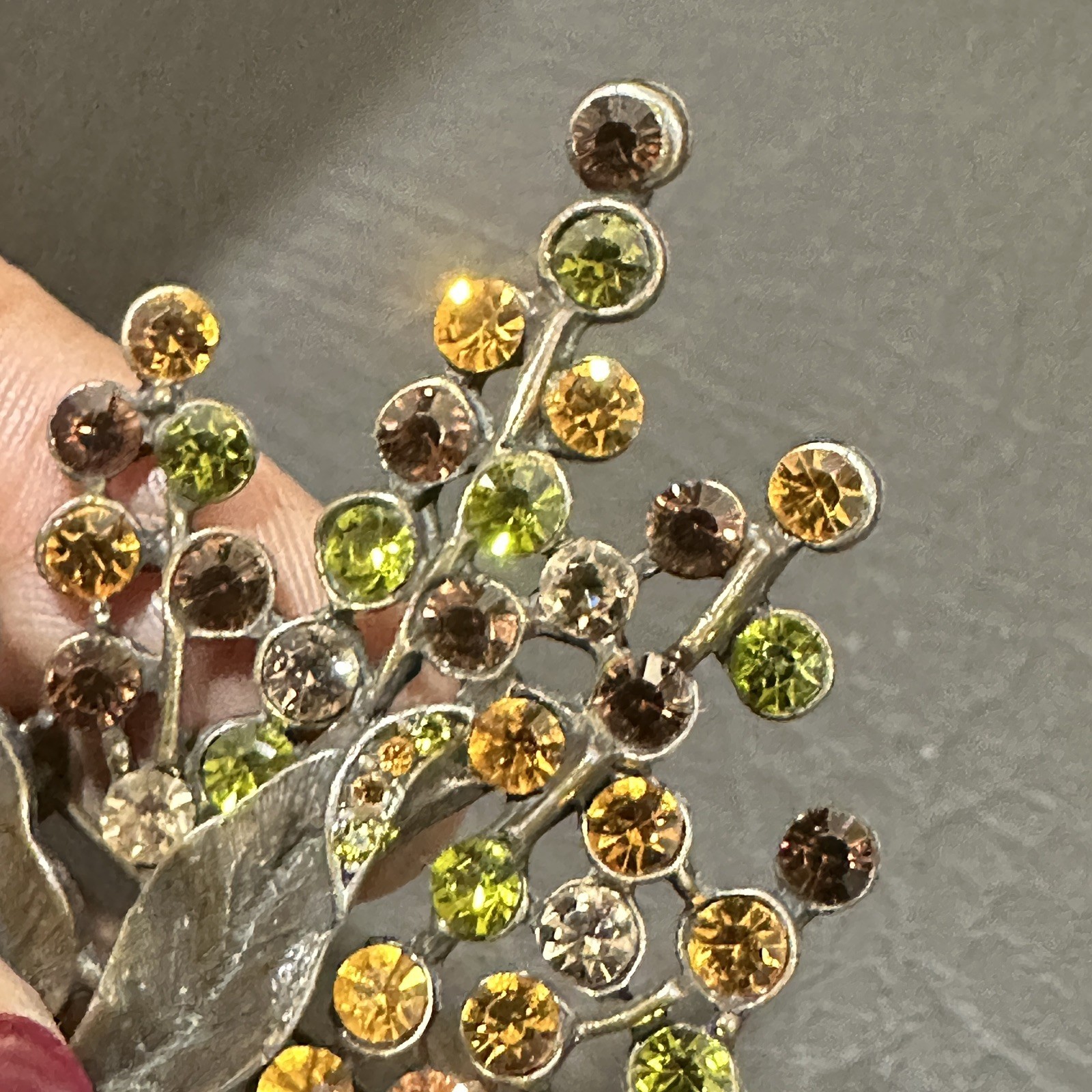 Vintage Rhinestone Leaf Spray Brooch Green Gold Brown Fall Colors Sparkle Autumn