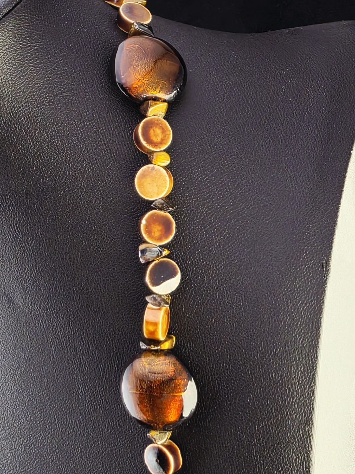 Vintage TIGER’S EYE Glass Goldstone Necklace Chunky BOHO Earthy Statement 21″