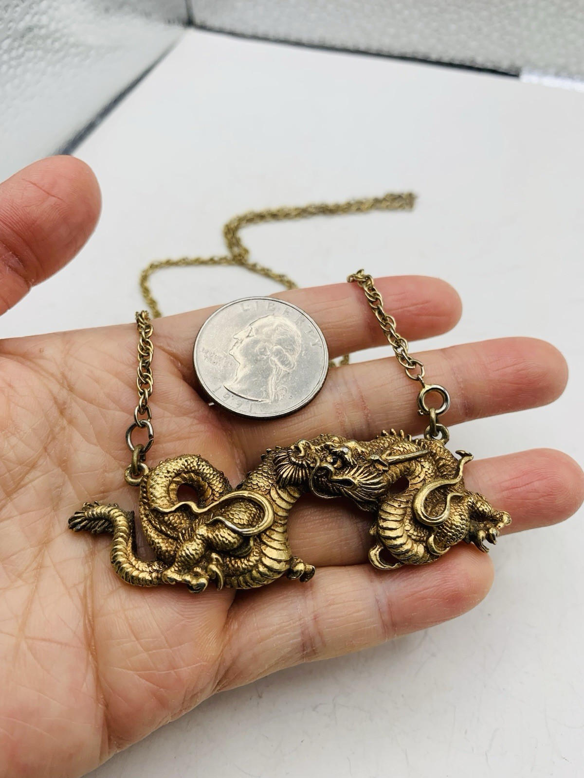 Vintage Alva Museum Replica Gold Tone Menuki Asian Japanese Dragon 18” Necklace