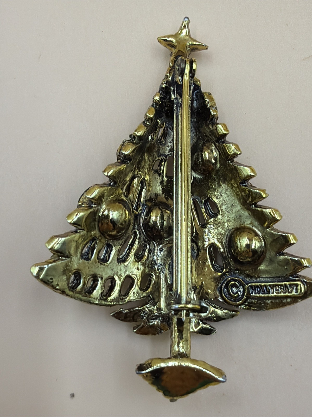 Vintage Hollycraft Christmas tree red green brooch pin collectible Signed
