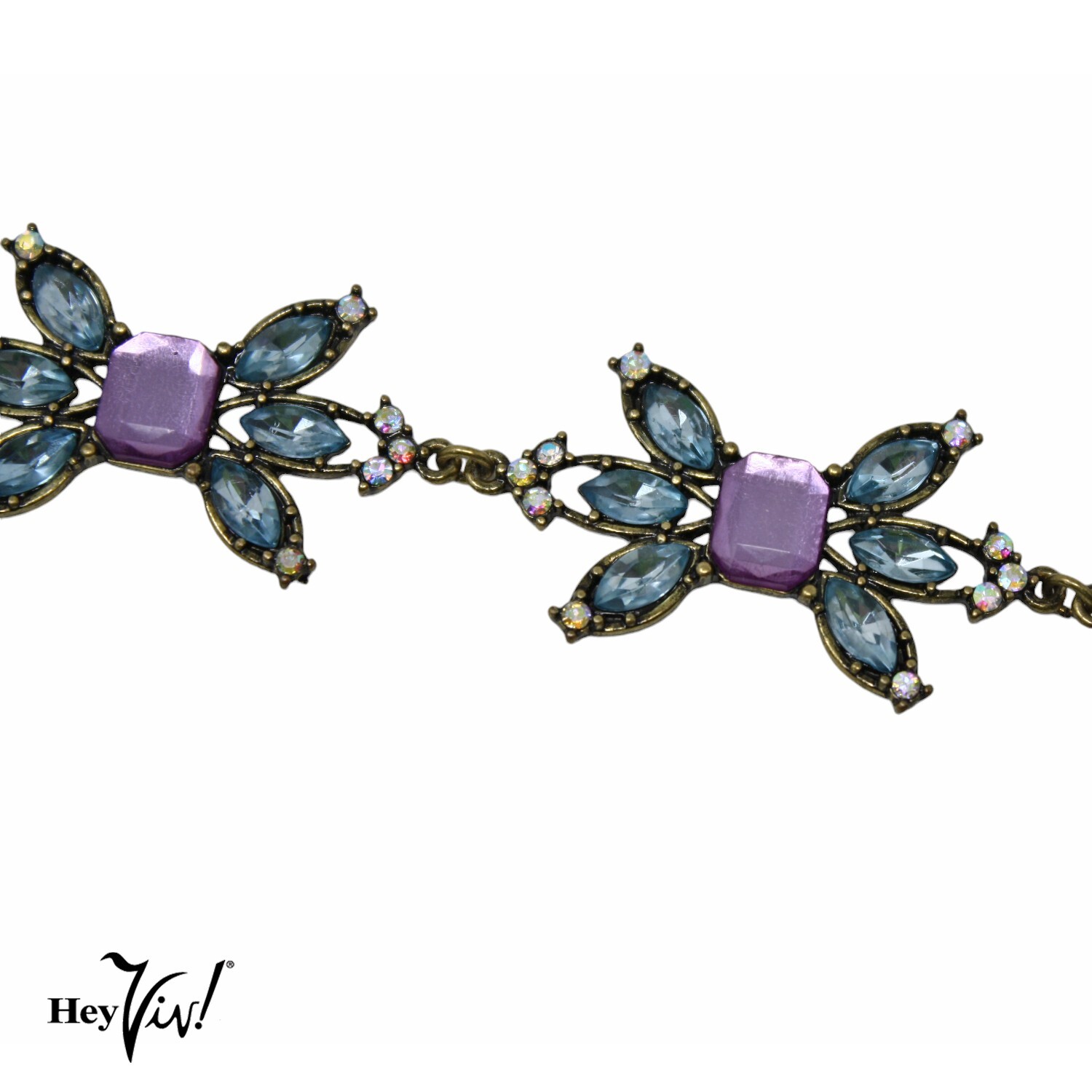 Vintage Statement Rhinestone Bracelet Purple and Blue Flowers 9″ Long – Hey Viv