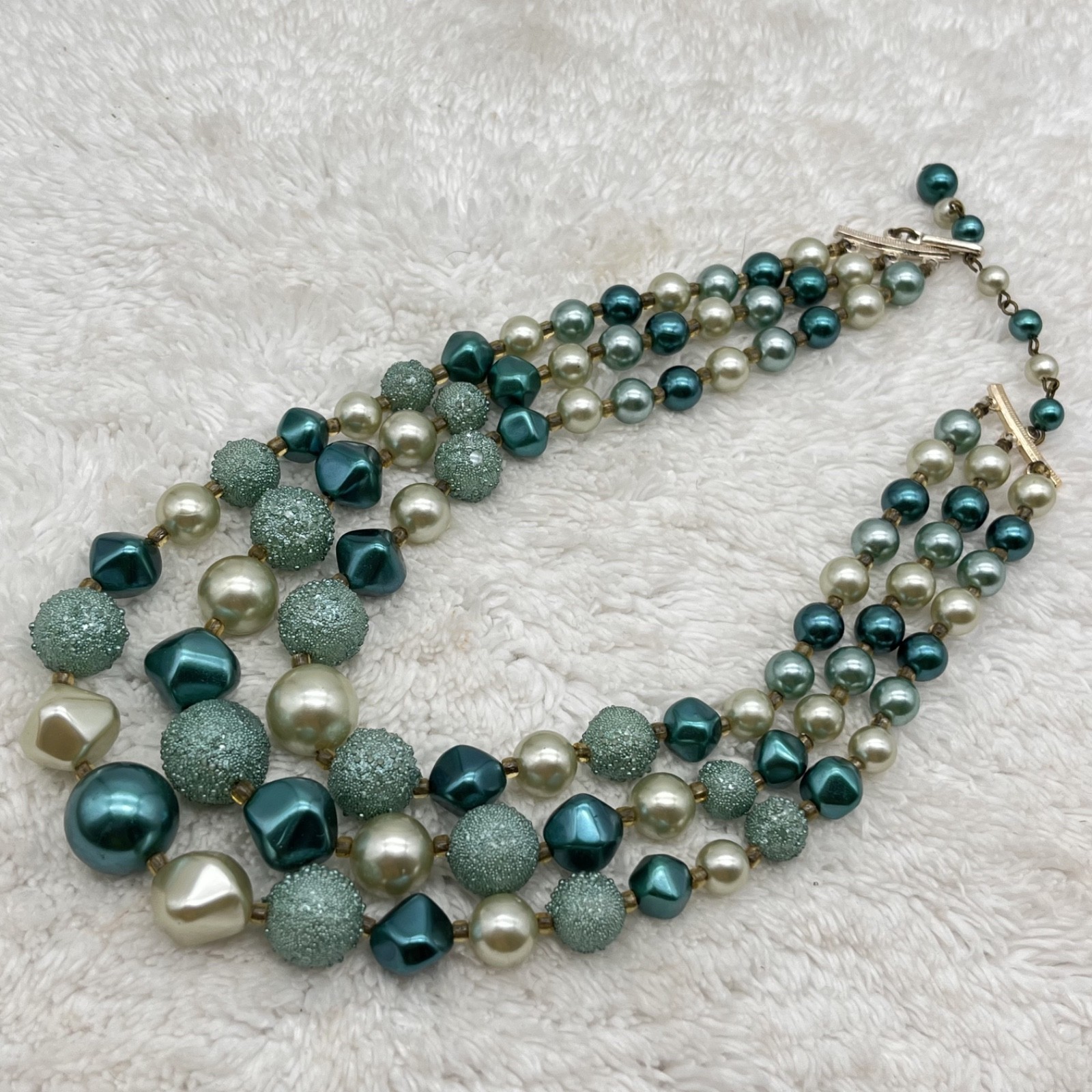 Vintage Green Plastic Jewelry Set Green Beads Triple Strand Necklace Earrings