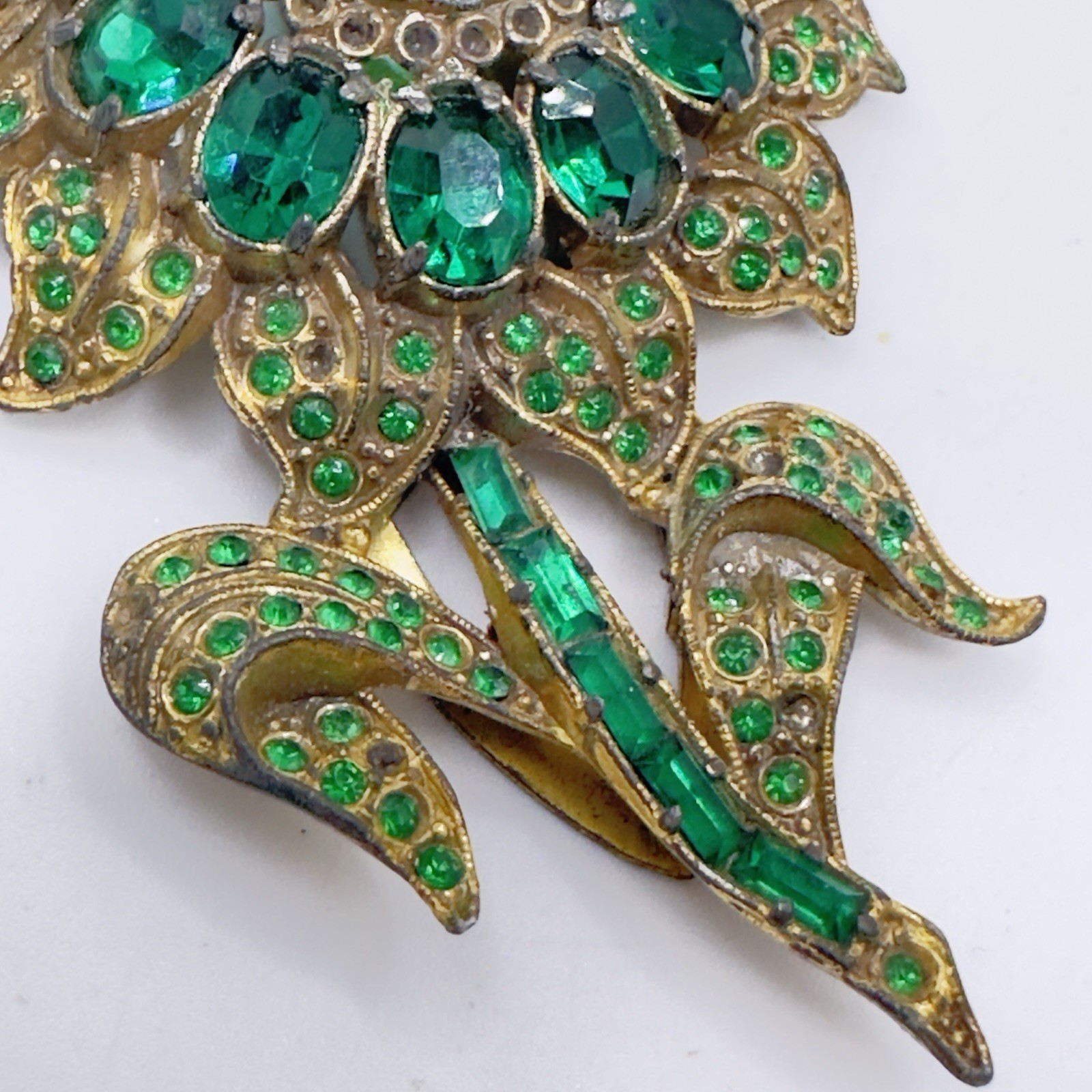 Vintage Pot Metal Dress Clip Flower Gold Tone Green Rhinestones 3″