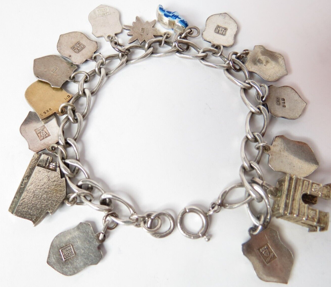 VTG SWISS WOMEN STERLING & 800 SILVER ENAMELD 15 CHARM CHAIN 7 1/4″ BRACELET 29g