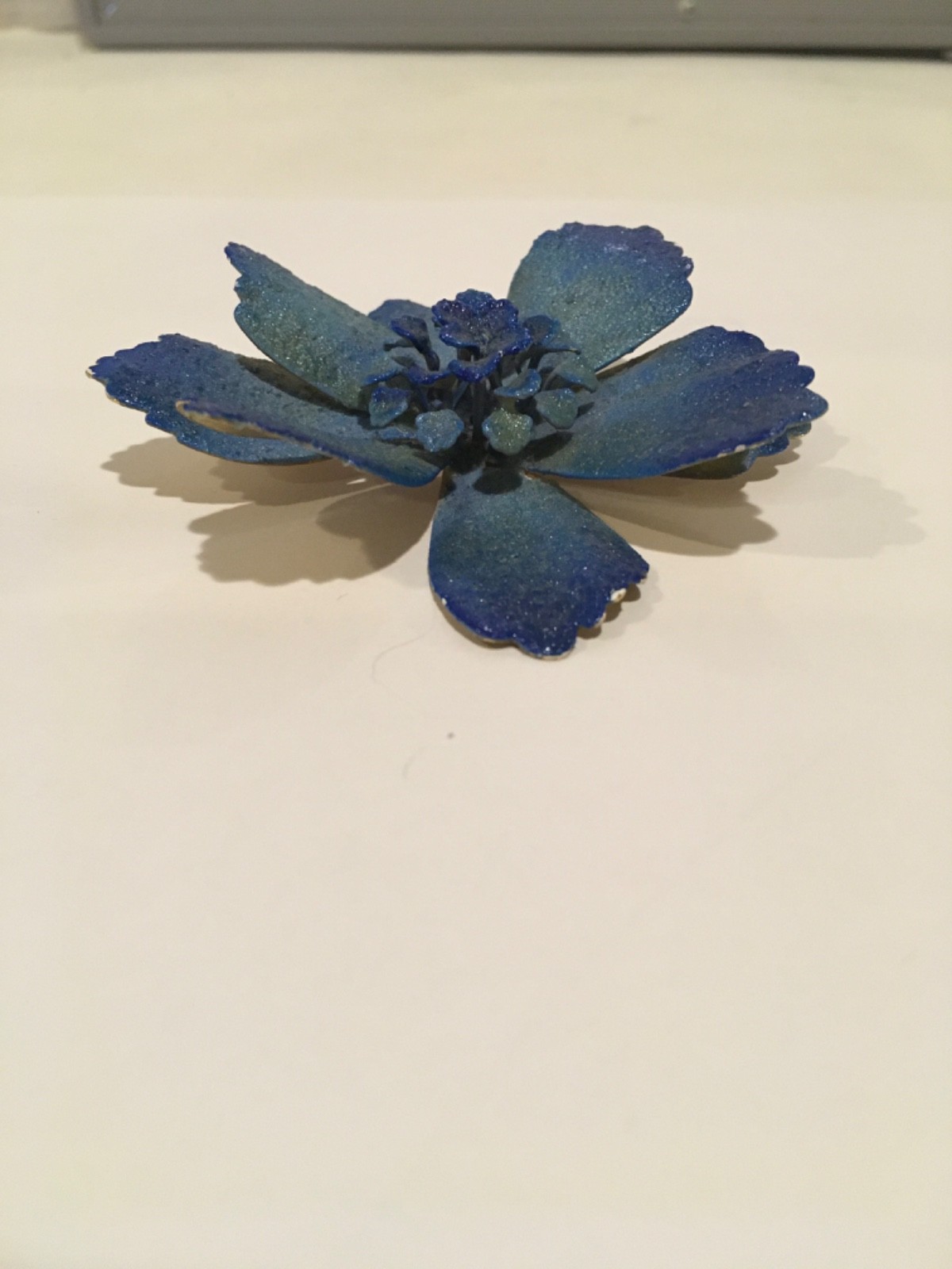 Blue 3D Flower Brooch 3″ Brushed Aluminum MCM Retro Vintage 60’s
