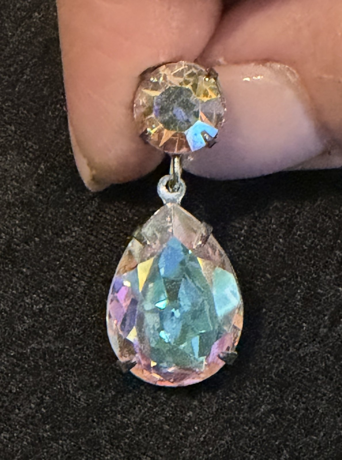 Vintage Faceted Aurora Borealis Crystal Pear Drop Dangle Earrings Screwback