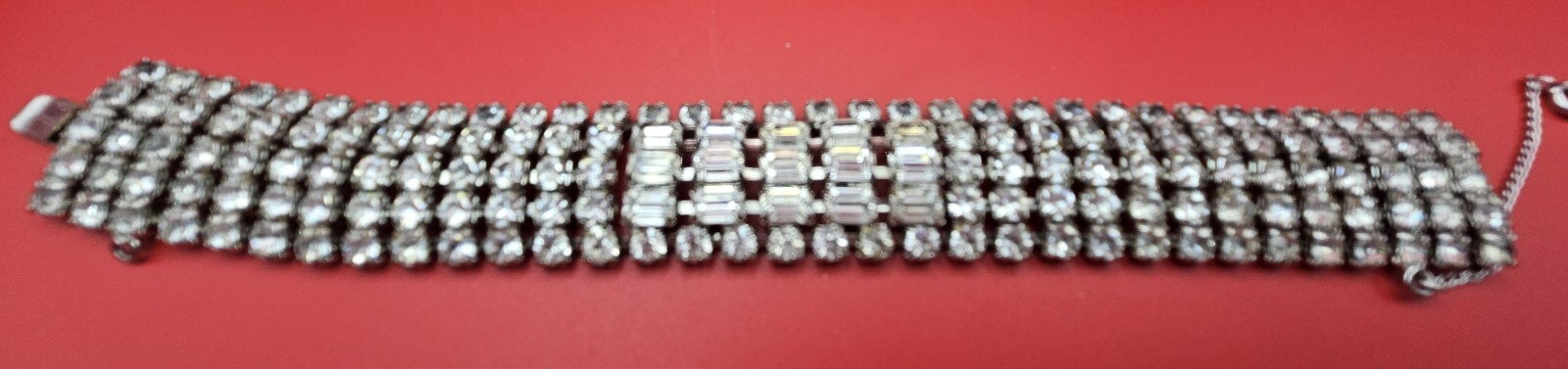 Signed WEISS Five Row ART DECO Emerald Cut and Round Clear Rhinestone Bracelet