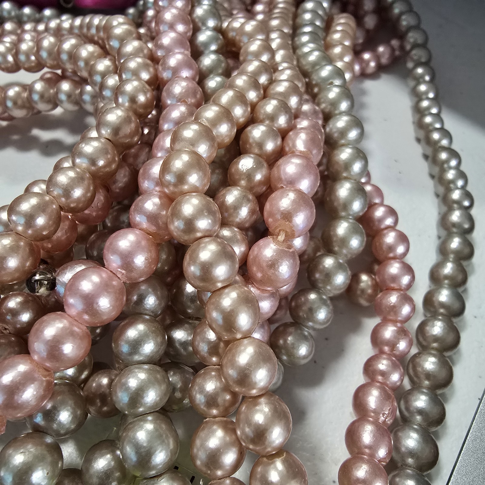 Lot 3 Vtg Opera Length Faux Pearl Necklaces Glass Gray Champagne And Pink