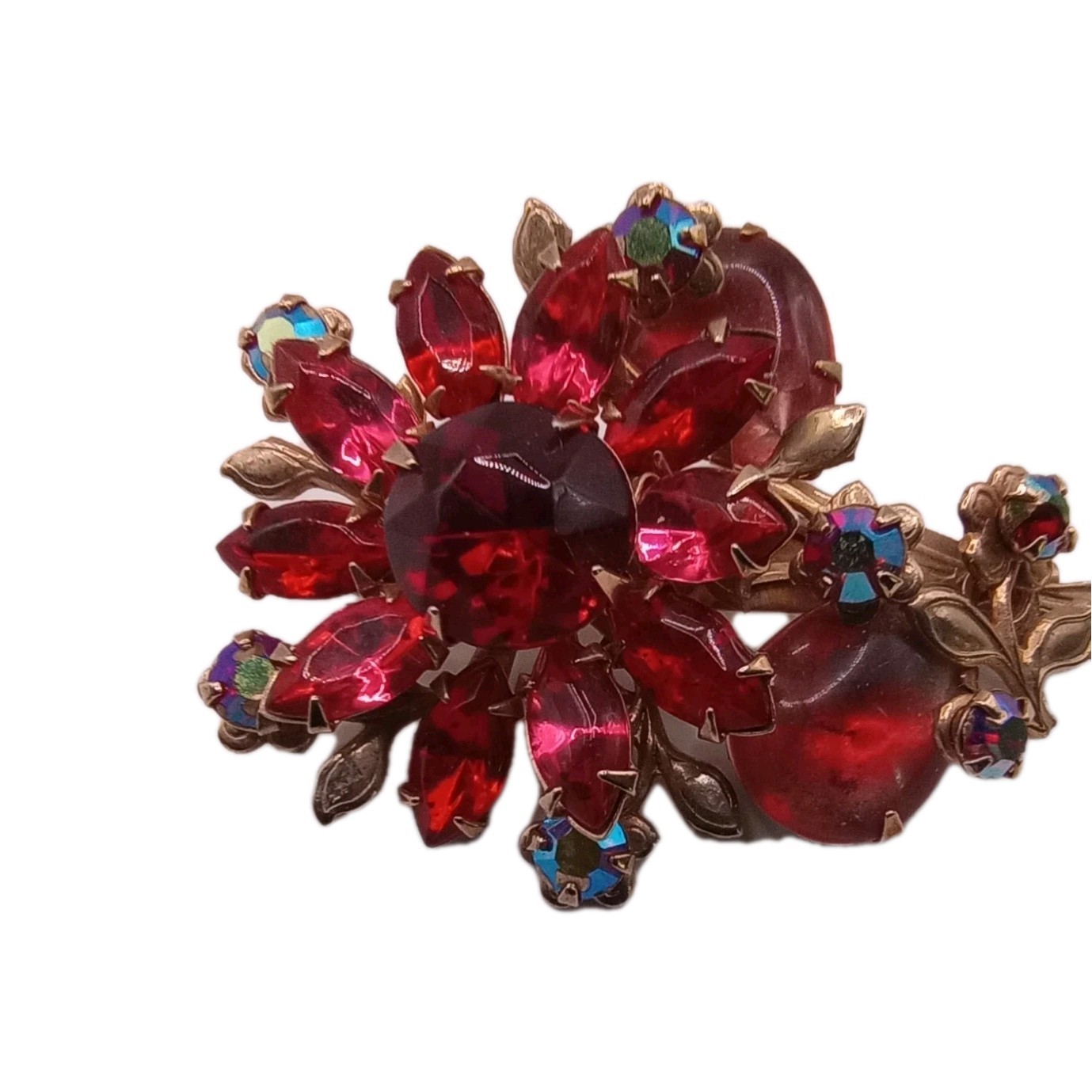 Vintage Ruby Red Floral Rhinestone Brooch Aurora Borealis Accent Pin 2 In