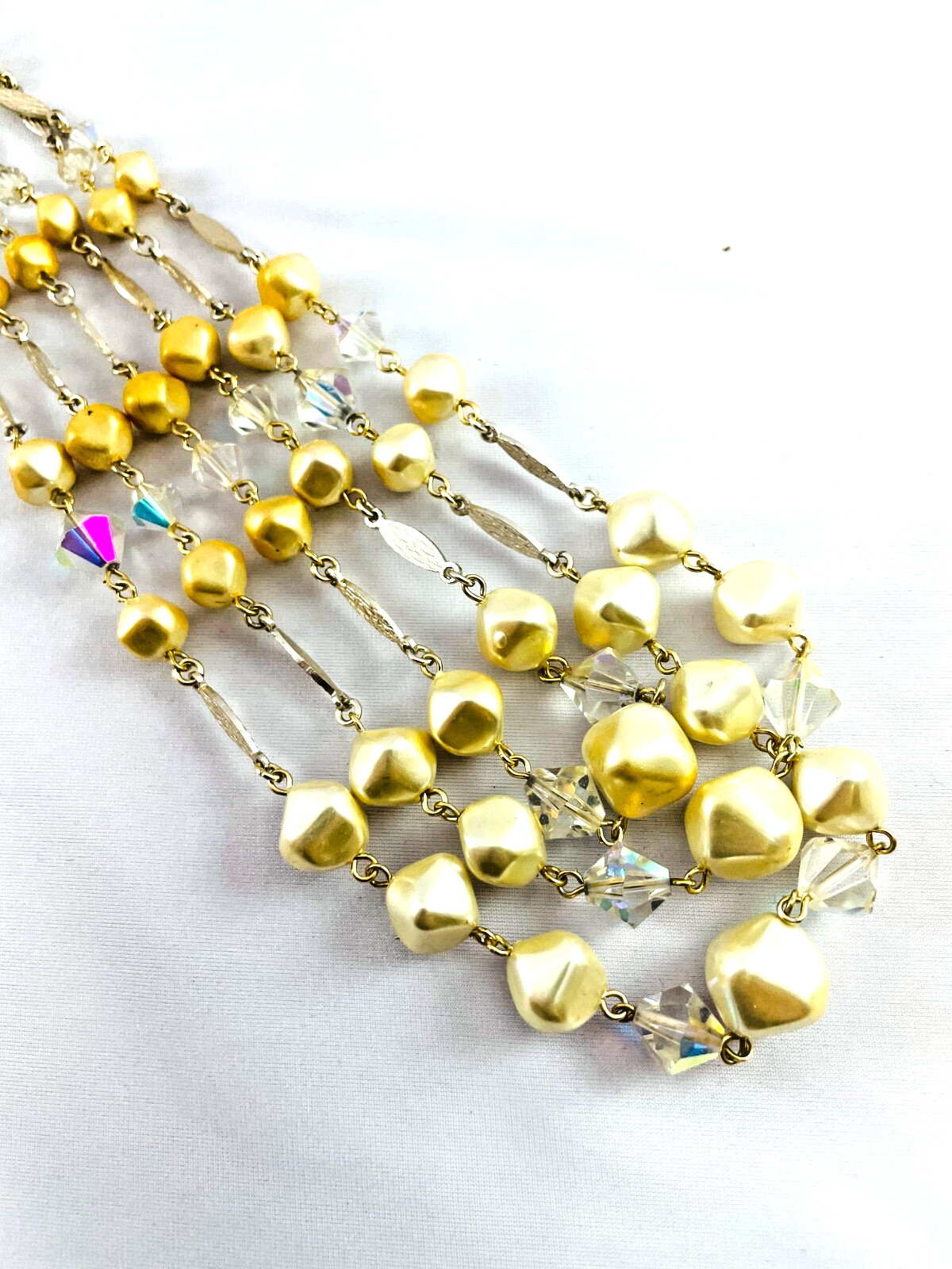 Vtg Multi Strand Faux Pearl Bicone Crystal Silver Tone Necklace Japan