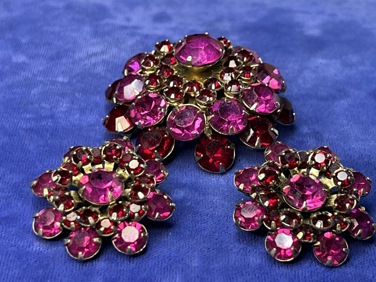 Vintage Rhinestone Dome Brooch Crystal Fuchsia Pink Red Garnet Layered Earrings