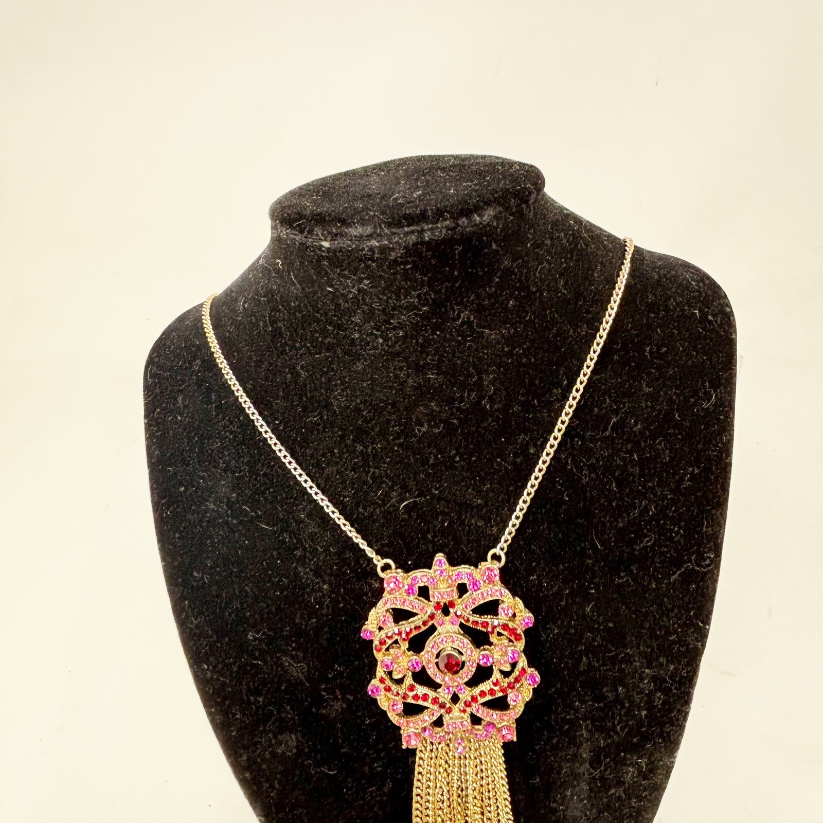 Round Entwined Pink Red Stone Filigree Necklace With Fringe Detail Up To 24”