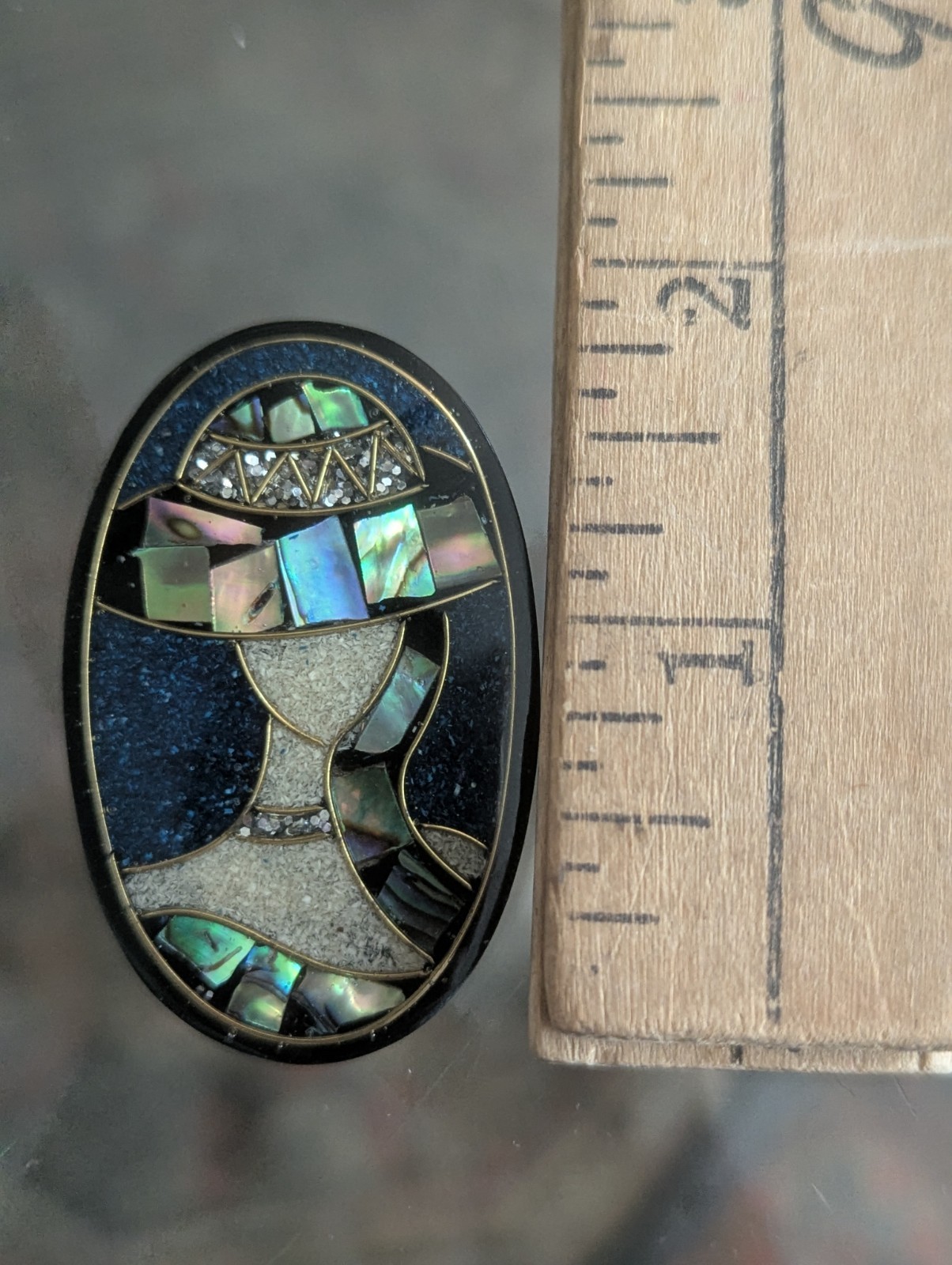 Vintage Mosaic Inlay Brooch Lee Sands Style Lady Hat Oval Abalone Paua Art Deco