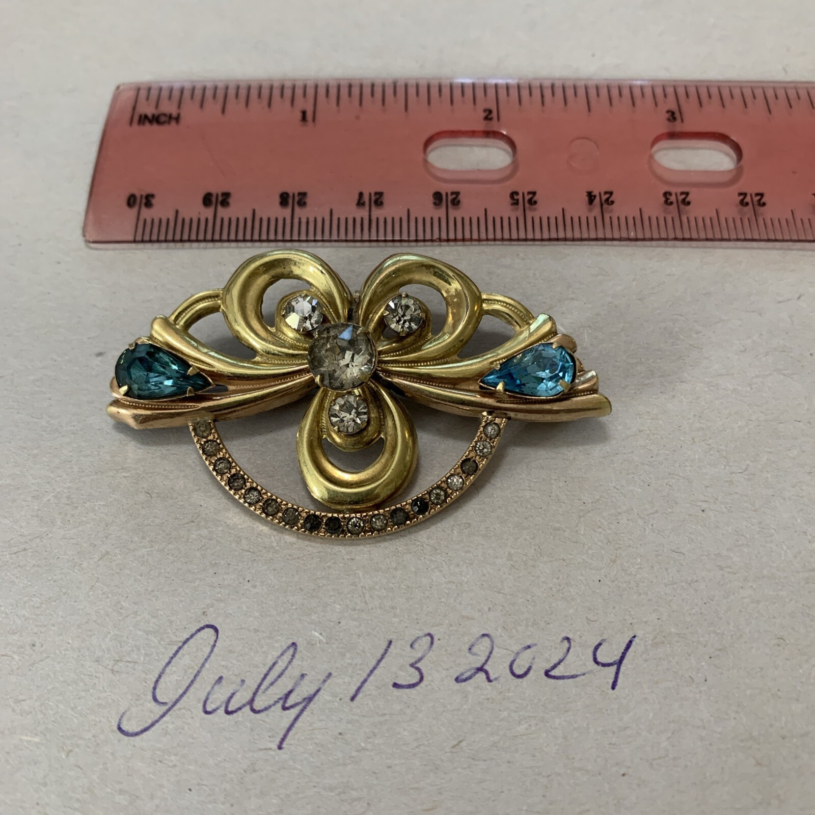 Co? 12k Gold Filled Brooch Pendant Ca. 1950 Clear Andfaux Blue Topaz