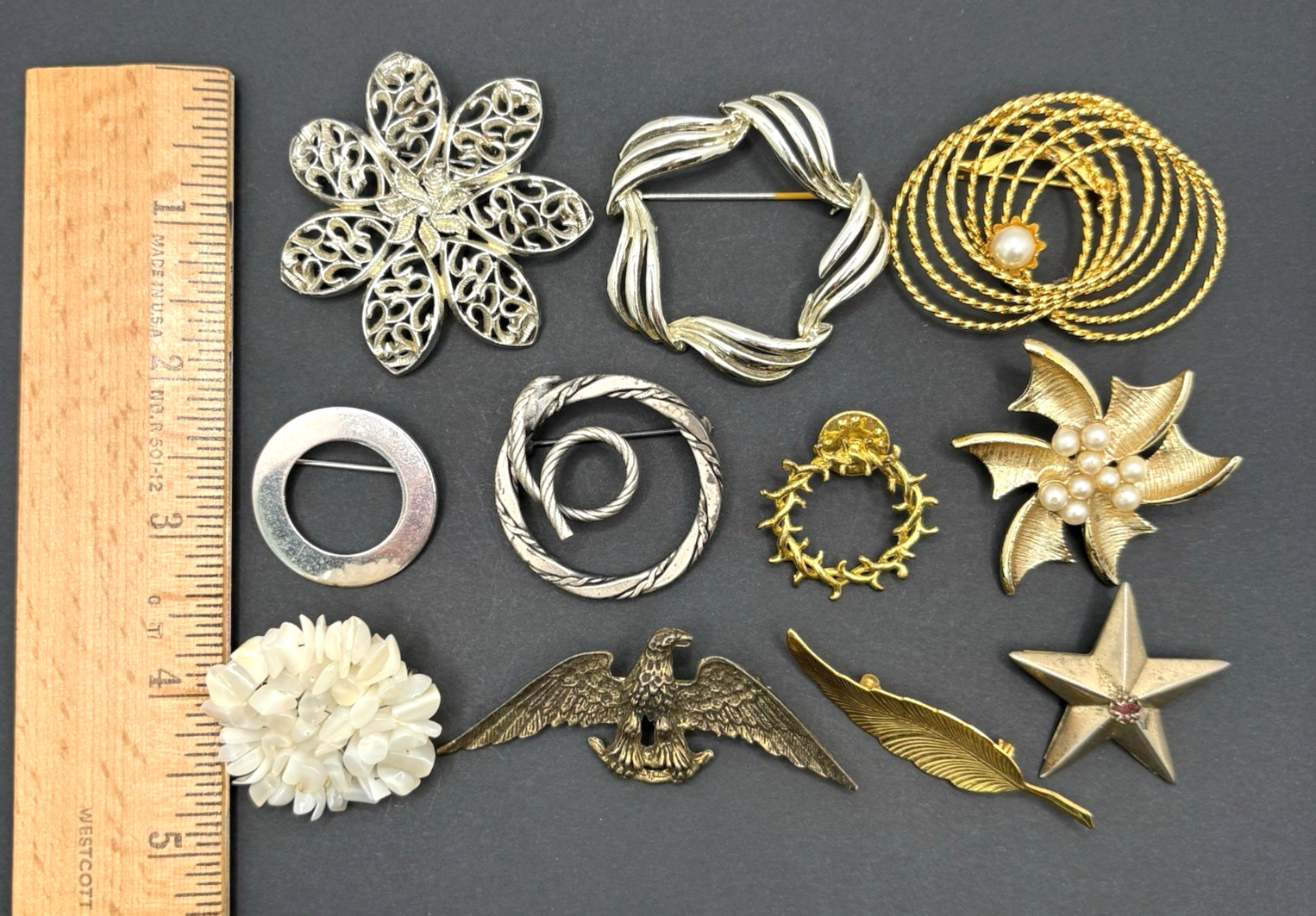 Vintage Lot of 11 Brooches Coro Unbranded Gold & Silver Tone Faux Pearl
